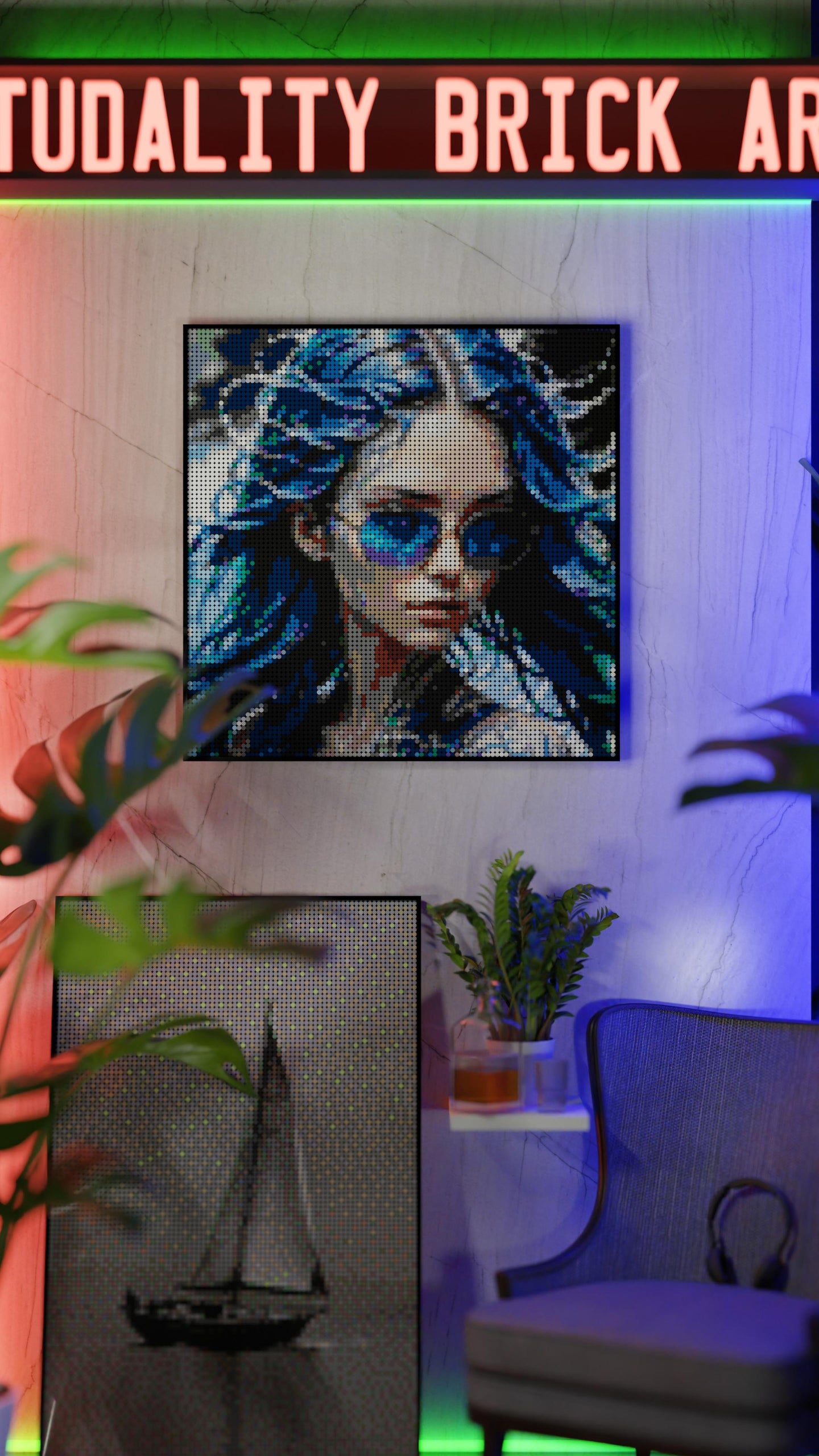 Aqua Enchantress LEGO® Style mosaic wall art made from colorful plastic bricks